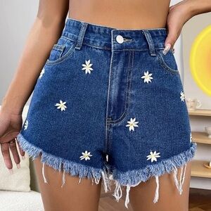 Blue Jean Shorts with Daisy Embroidery